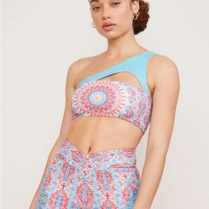 Wolven Amalfi Four Way One Shoulder Top XS Blue Pink Pattern Stretch Like New